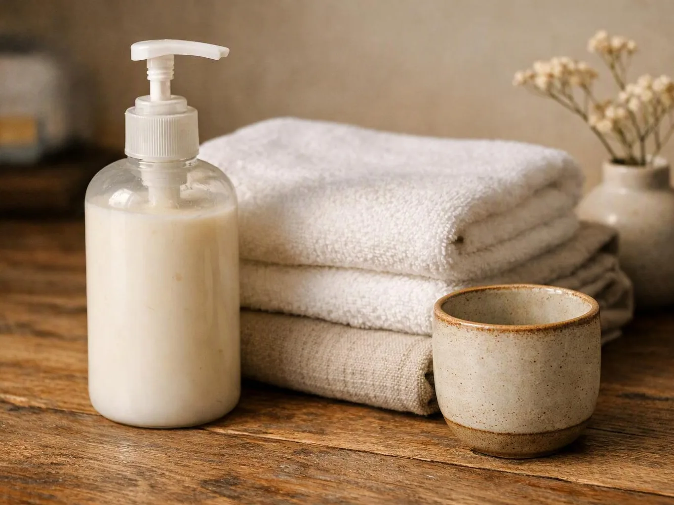 A soap dispenser sits beside folded towels and a ceramic cup on a wooden table