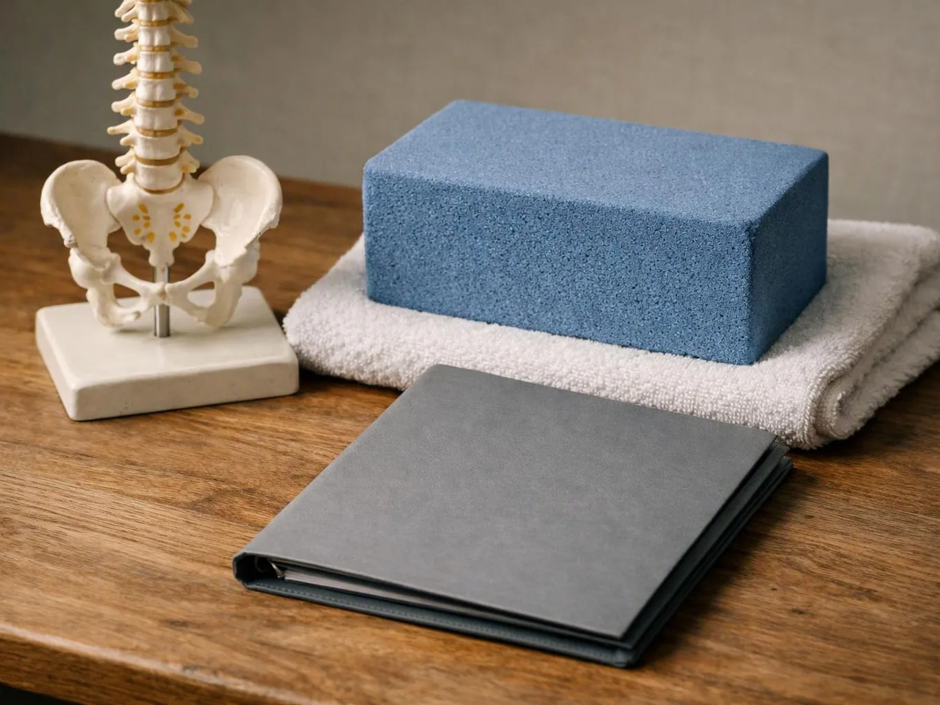 A spine model, blue foam block, folded white towel, and gray booklet sit on a wooden table