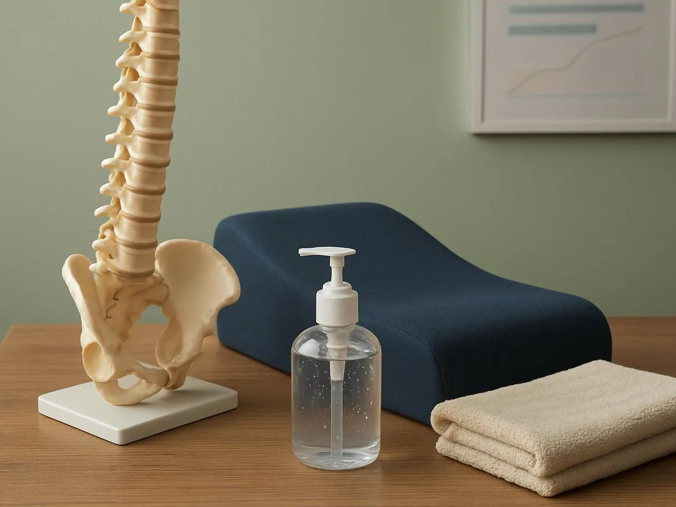 A spine model, a lotion pump bottle, a blue support cushion, and folded towels sit on a wooden table