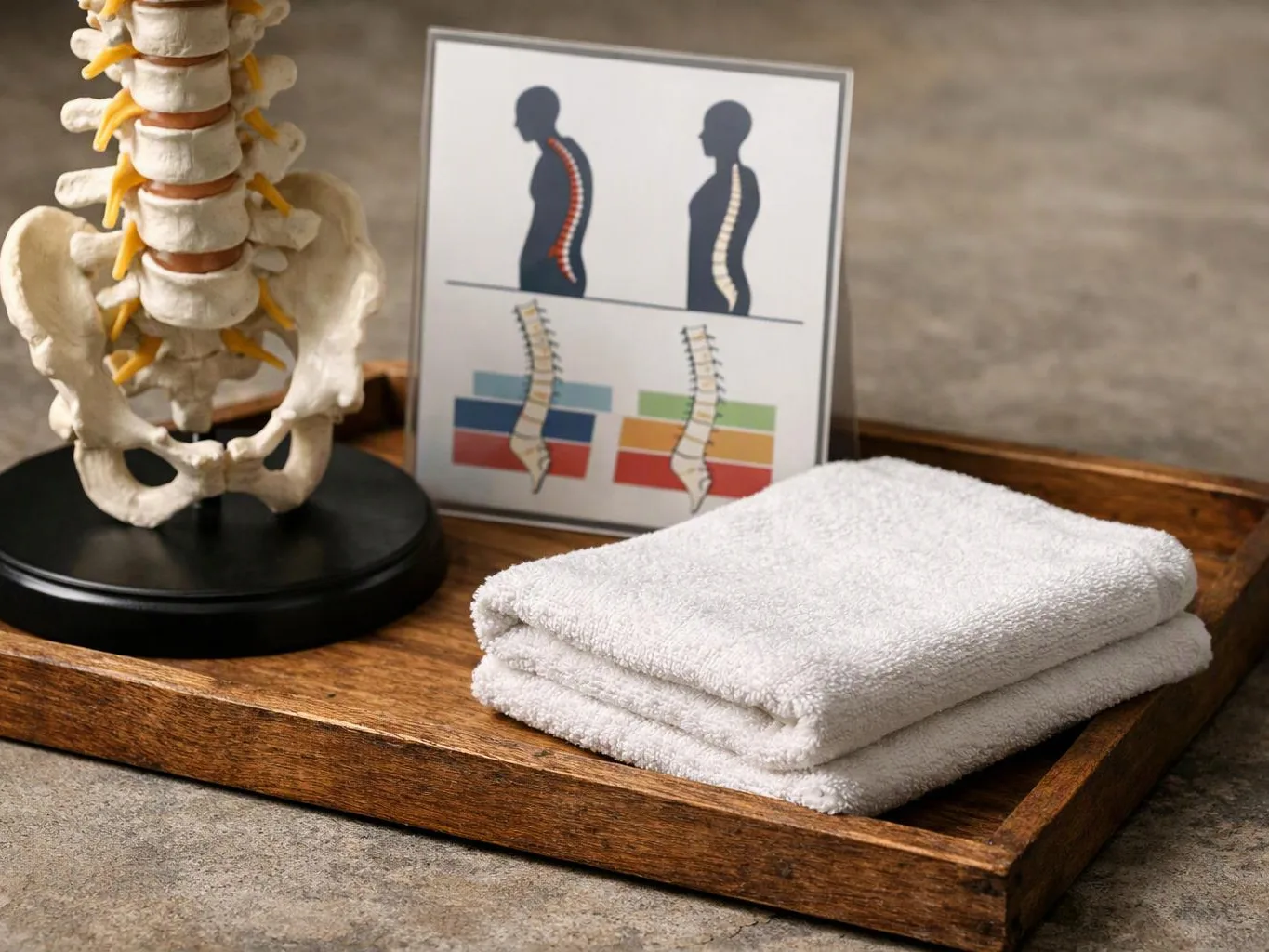 A spine model, posture chart, and folded white towels sit on a wooden tray