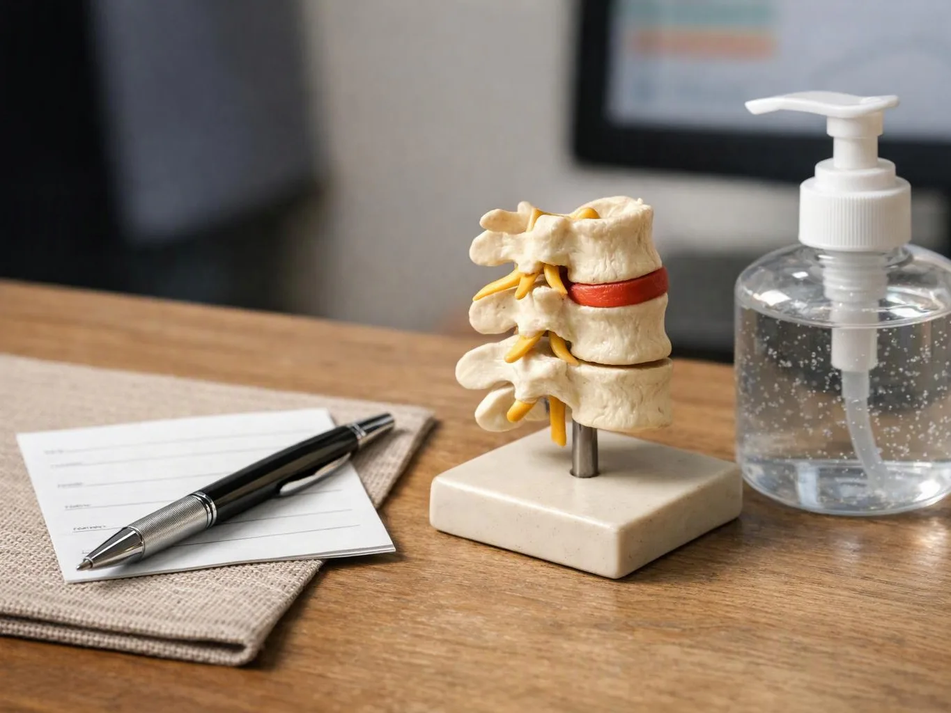 A spine model sits on a desk beside a pen, note pad, and a clear hand sanitizer bottle