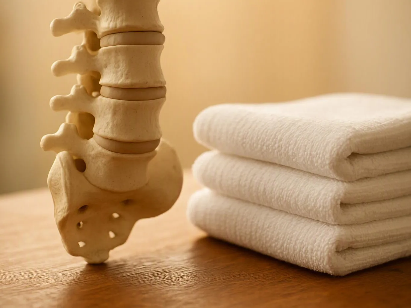 A spine model stands beside a neatly folded stack of white towels on a wooden surface