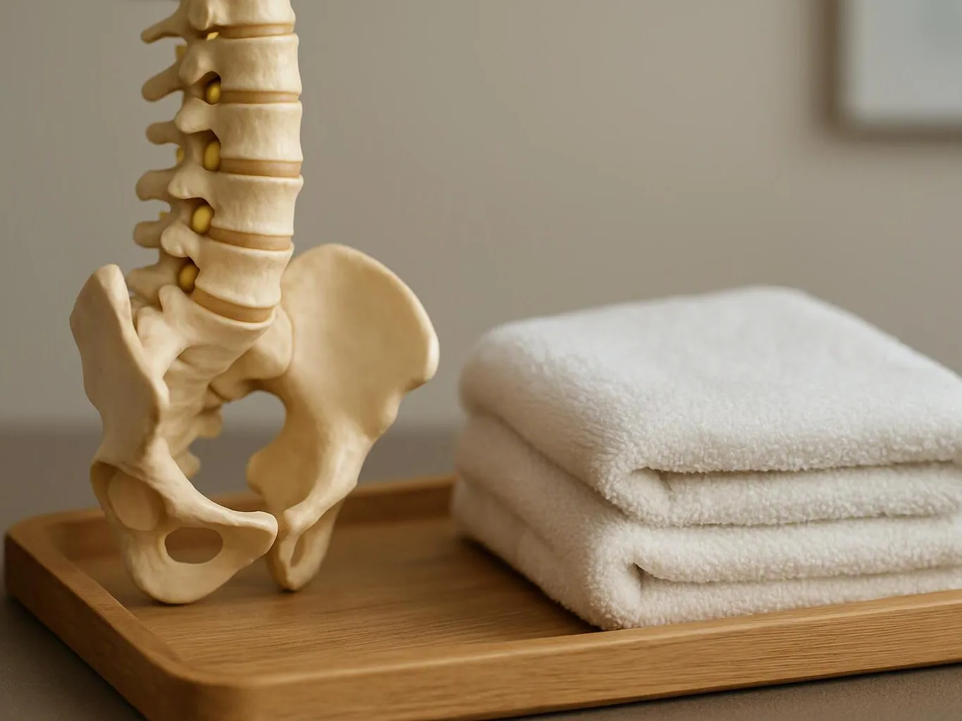 A spine model stands beside neatly folded white towels on a wooden tray