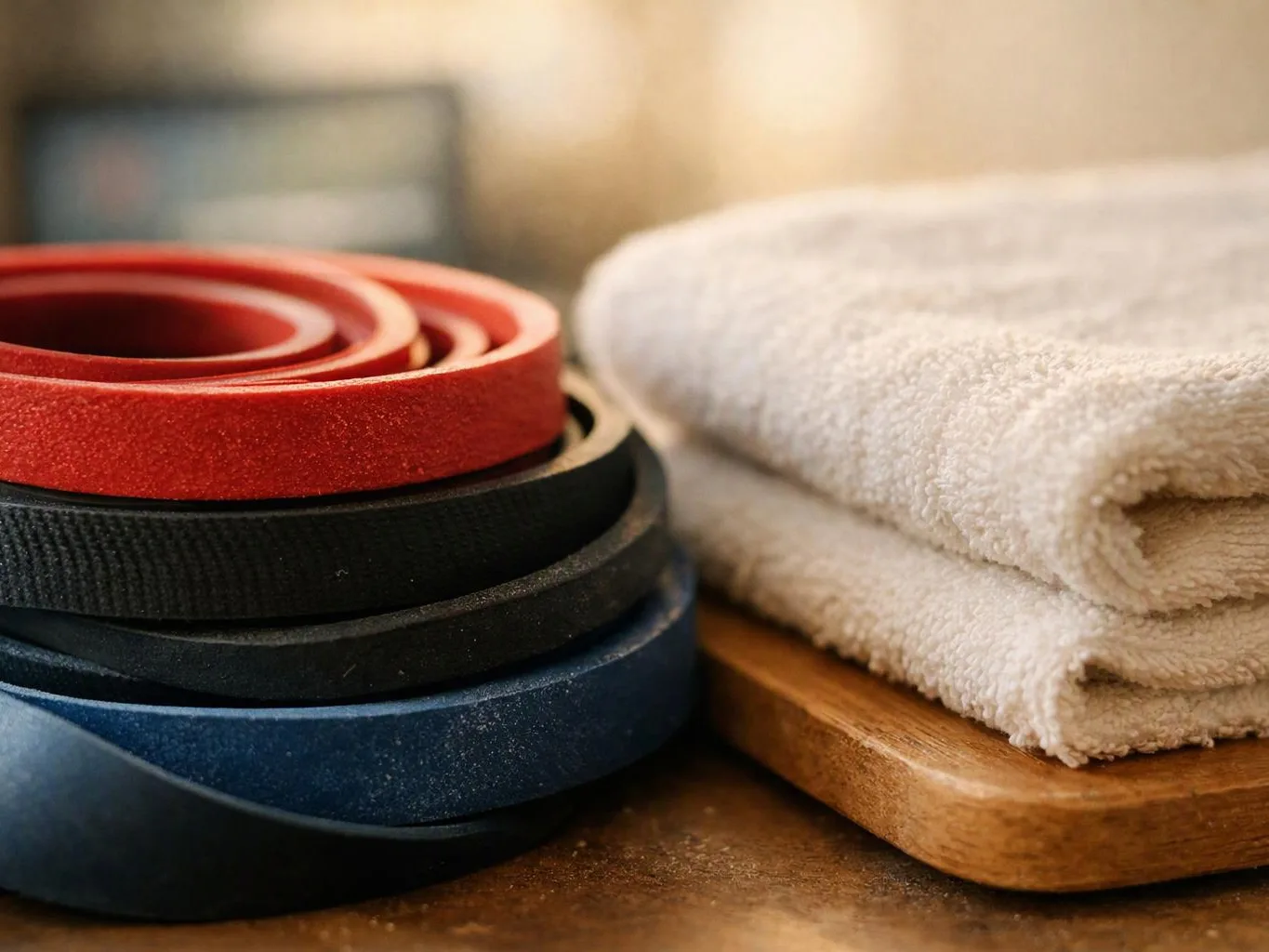 Stacked exercise bands sit beside folded white towels on a wooden surface indoors