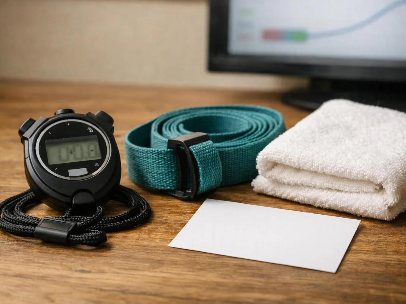 A stopwatch, teal belt, folded white towel, and blank card sit on a wooden desk with a blurred monitor behind them