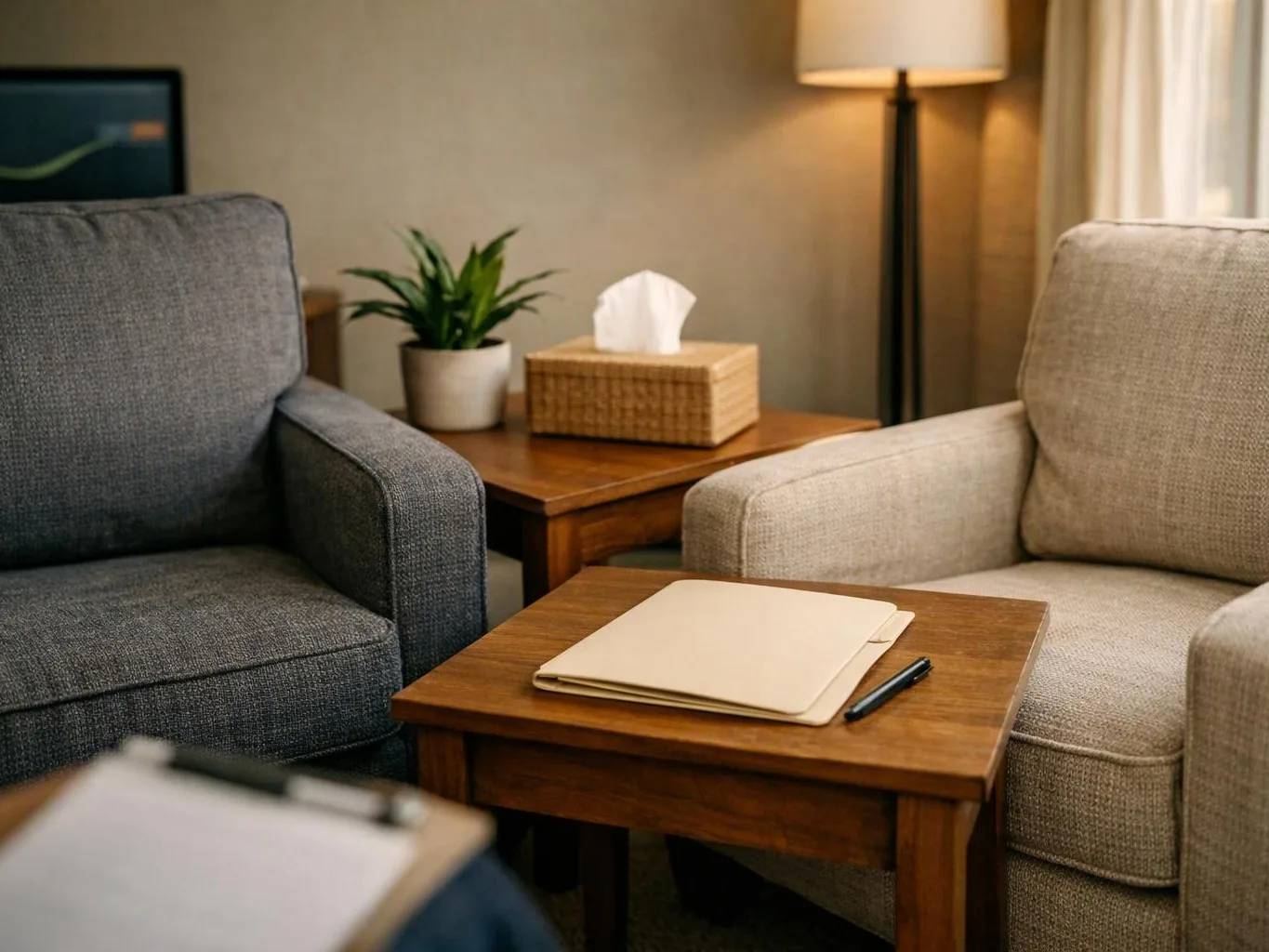 Two armchairs face a wooden table with a folder and pen in a cozy waiting room