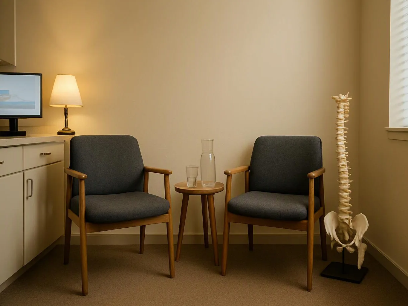 Two chairs face a small table in a quiet room beside a lamp, monitor, and spine model