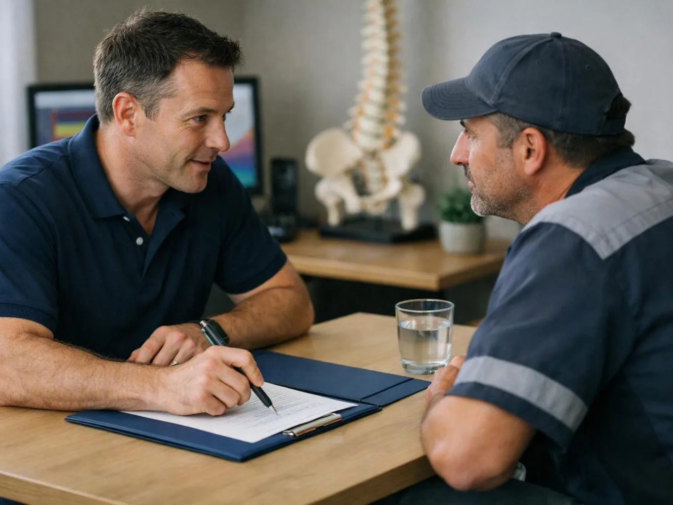 Two men sit across a desk, one filling out a form while talking in a clinic office