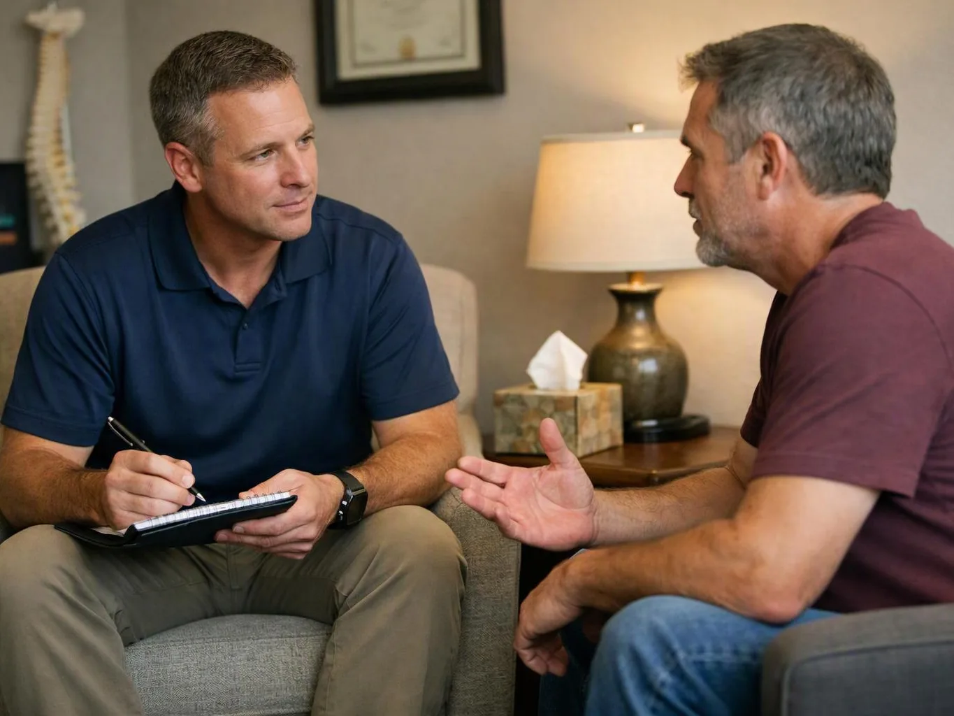 Two men sit in a living room, one taking notes while the other gestures during a conversation