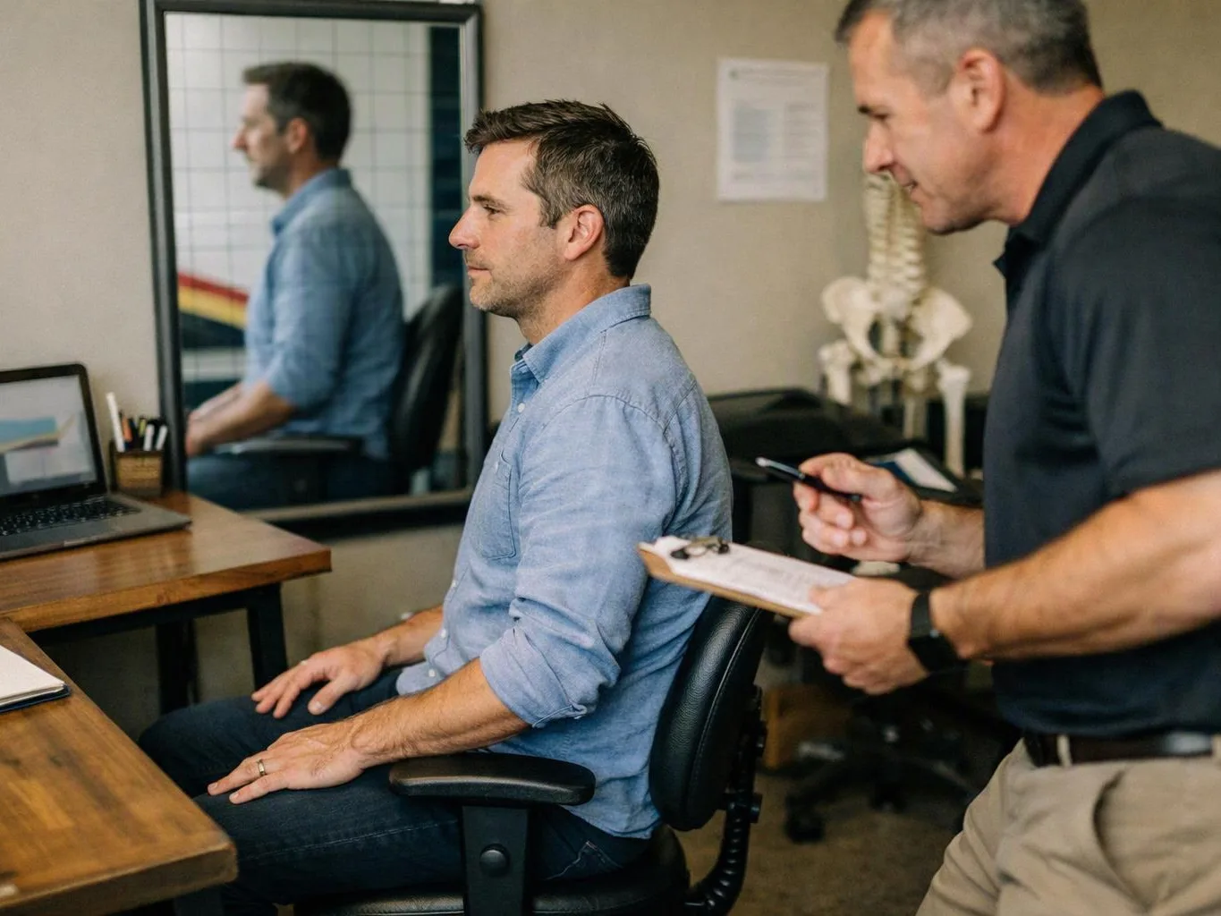 Two men stand by a seated man in an office, one holding a clipboard while a laptop sits on the desk