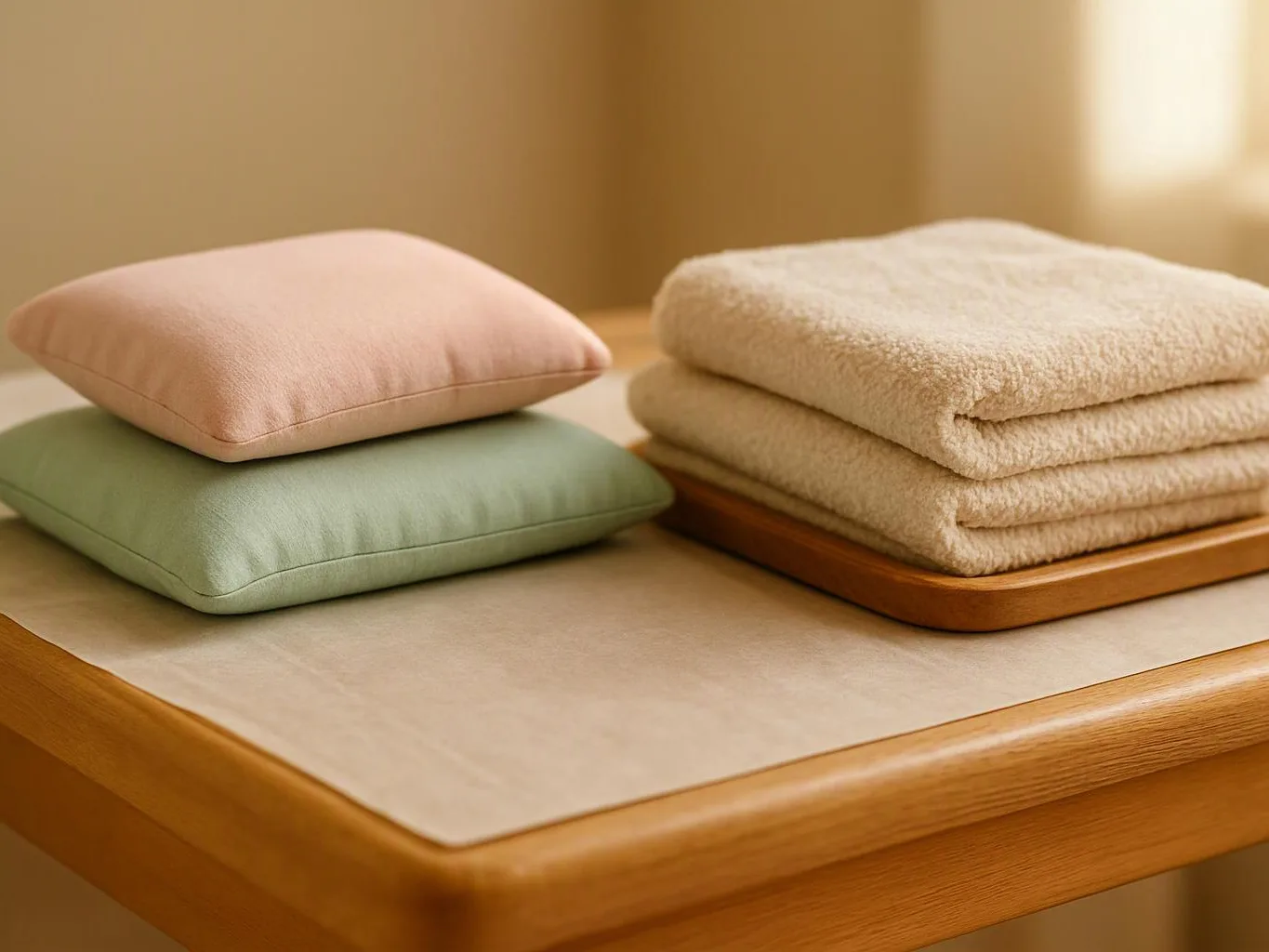 Two pastel cushions and a folded beige towel stack sit on a wooden table in warm light