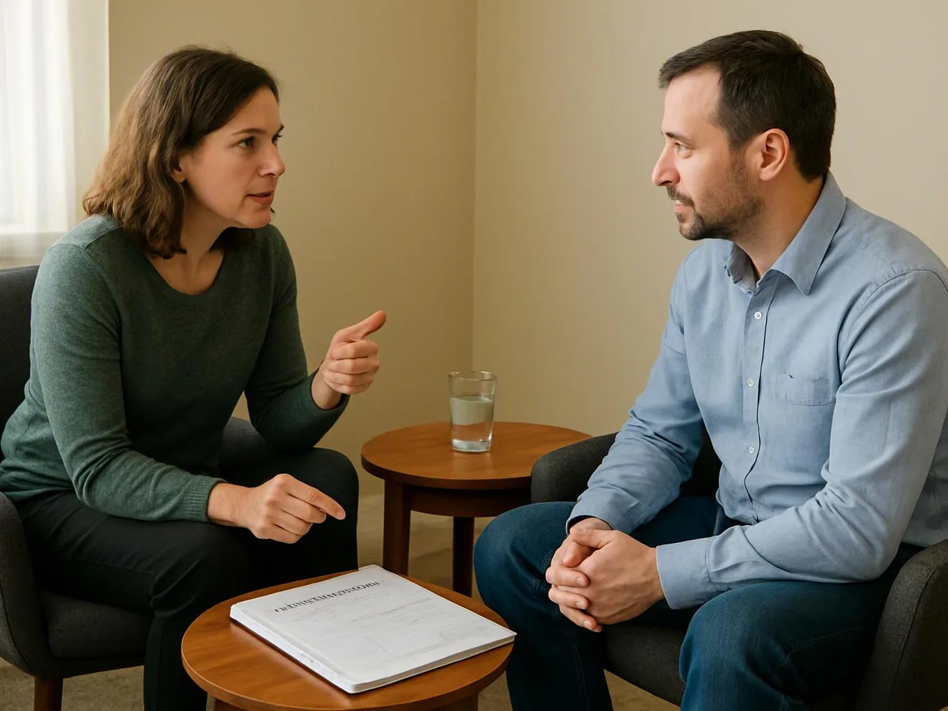 Two people sit in chairs and talk across small tables, with a notebook and glass of water between them