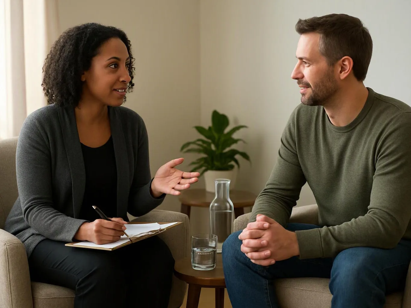 Two people sit in chairs and talk in a calm room, with a notebook, water glass, and plant nearby