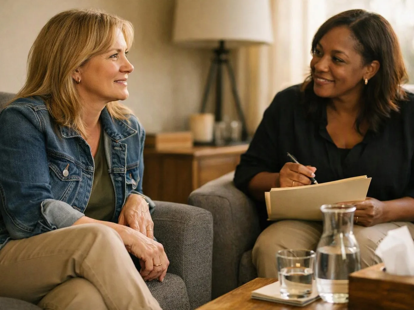 Two women sit in armchairs, smiling and talking while one takes notes in a cozy living room