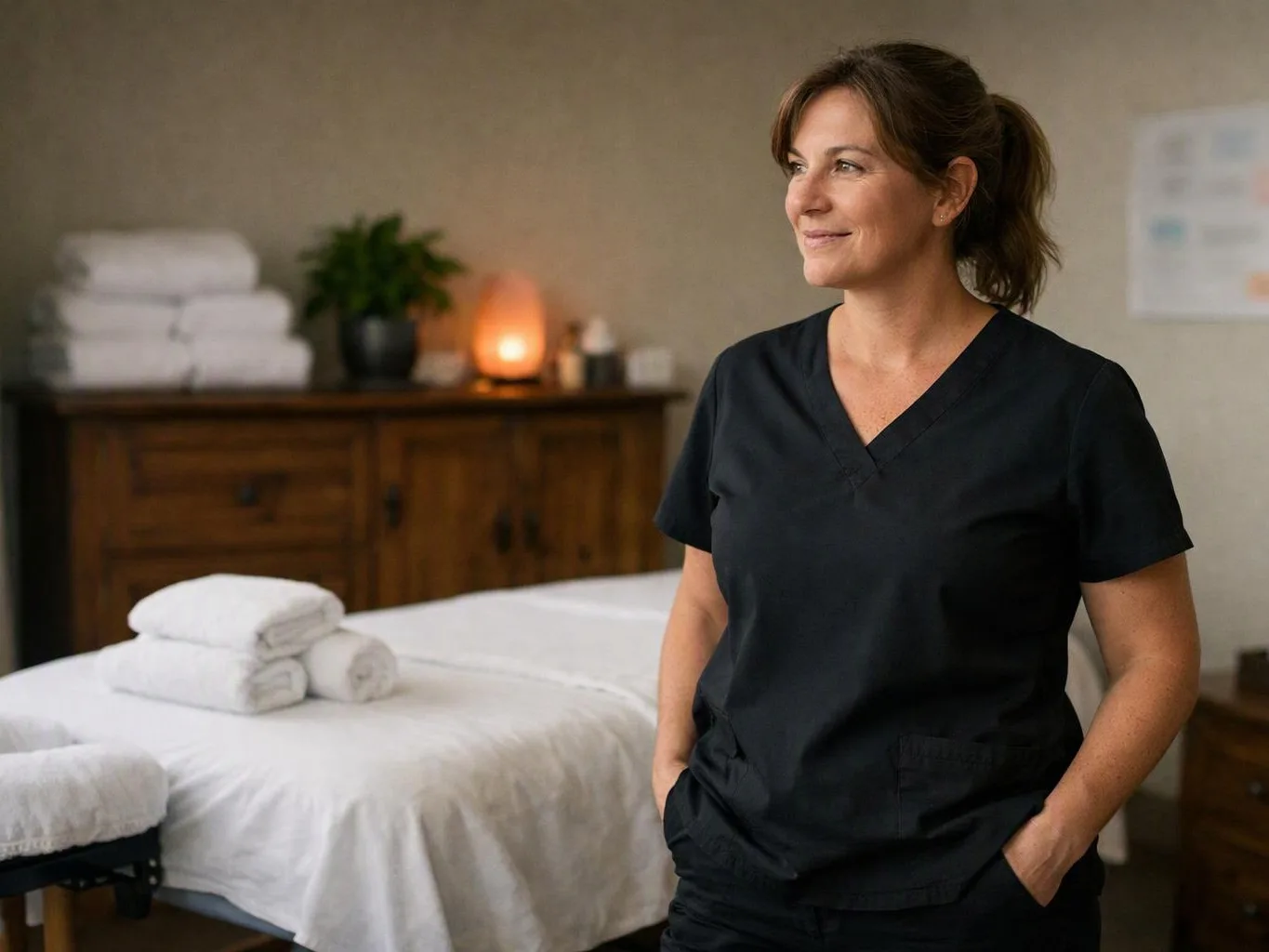 A woman in black scrubs stands beside a massage table with folded towels in a calm treatment room