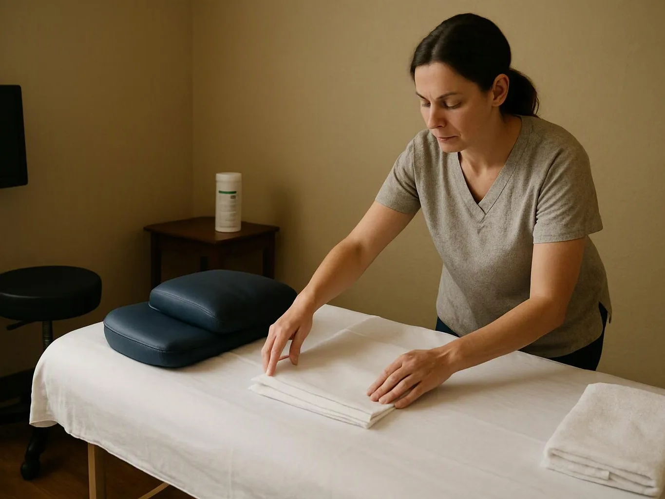 A woman folds white towels on a massage table in a quiet treatment room