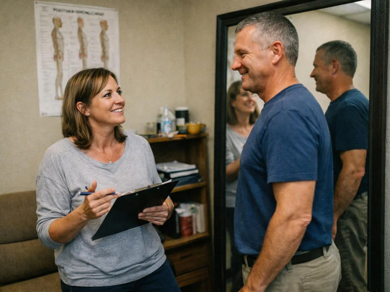 A woman holding a clipboard smiles at a man in a clinic room with an anatomy poster and mirror