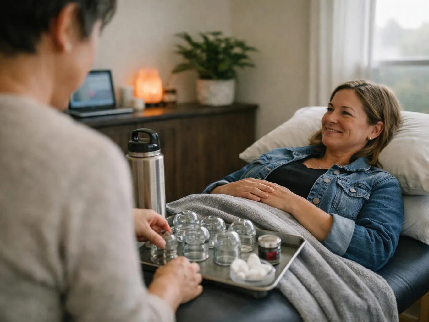A woman lies on a treatment bed while another person prepares glass cups and tools beside her in a calm room