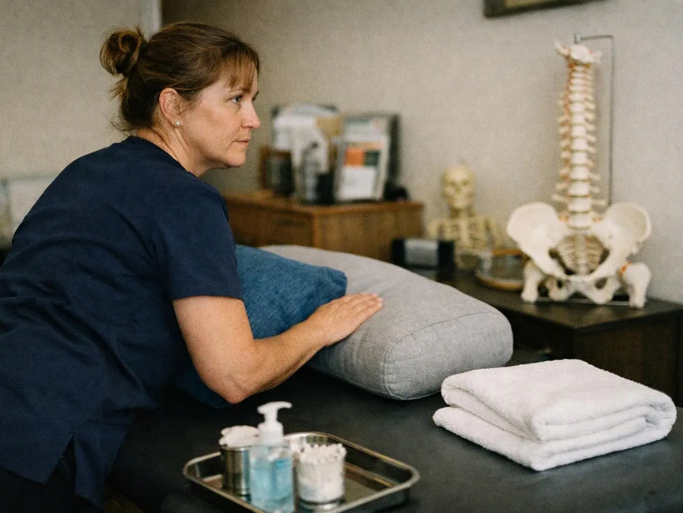 A woman in navy scrubs kneels on a padded table in a massage or clinic room, with towels and anatomy models nearby