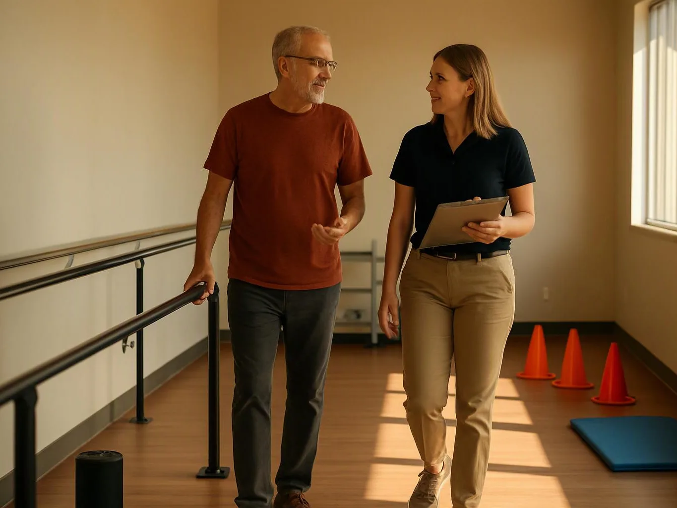 A woman and an older man walk and talk in a bright exercise room with a clipboard, cones, and a mat