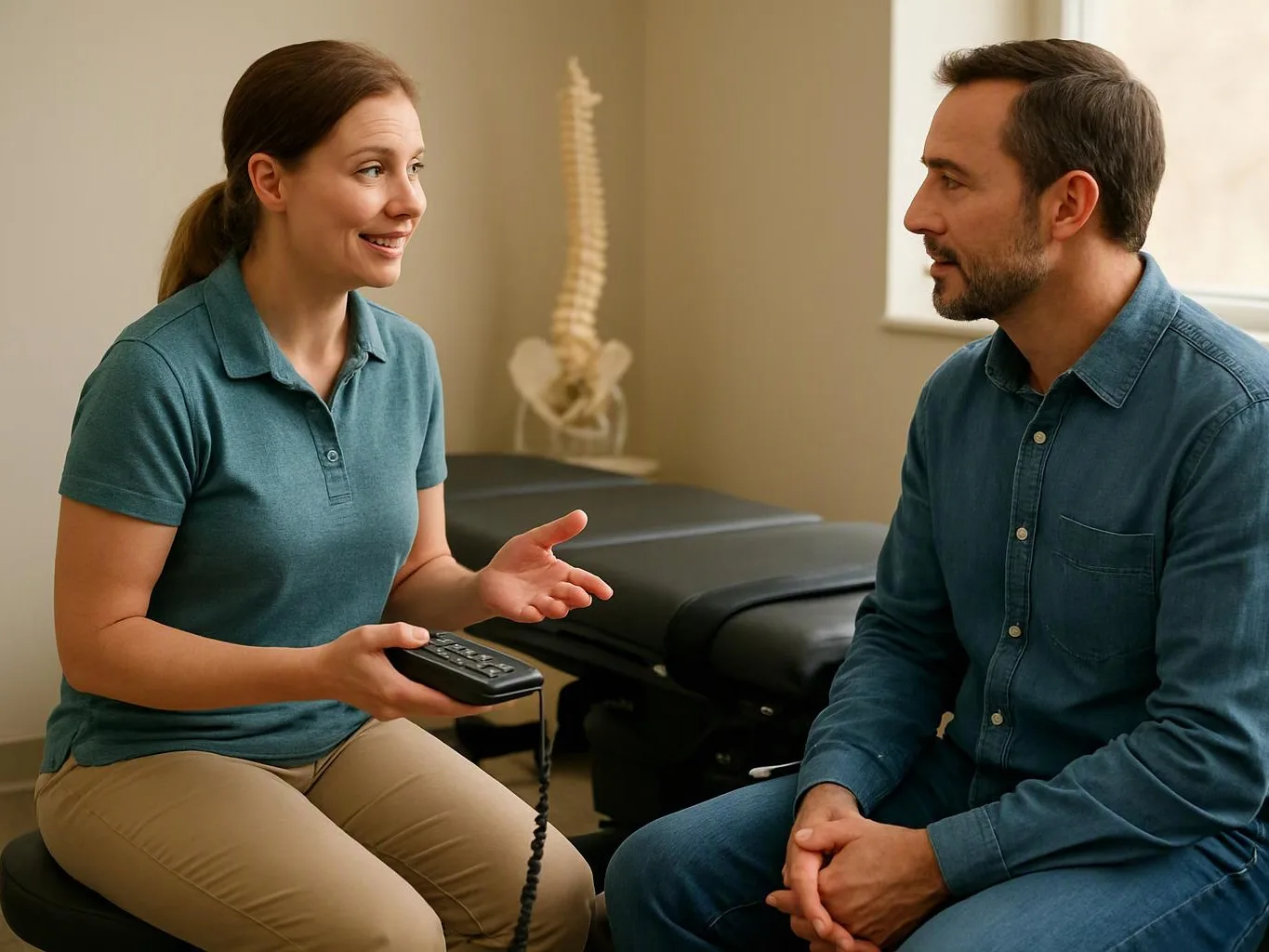 A woman with a remote speaks to a seated man in a clinic room with an exam table and spine model
