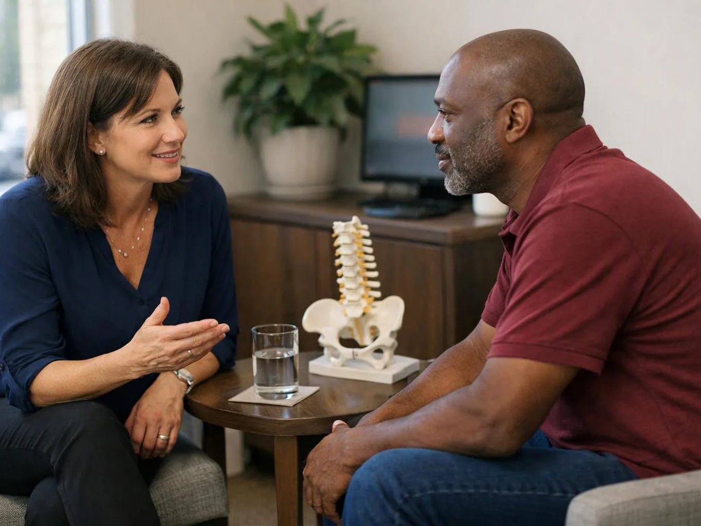 A woman speaks with a man across a small table beside a spine model in a bright office