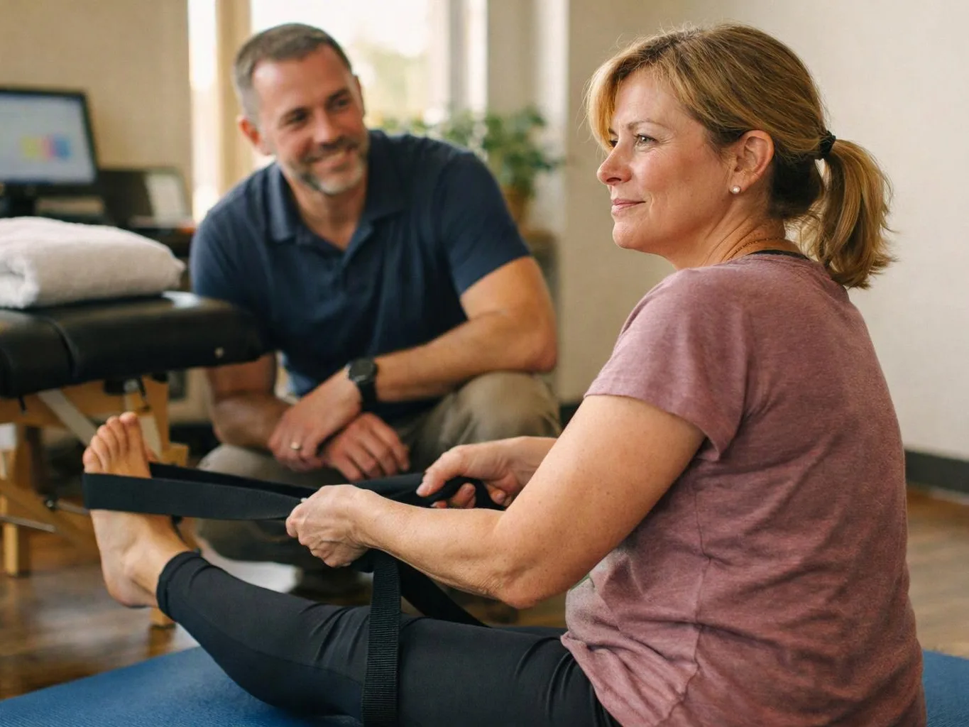 A woman stretches with a strap on a mat while a man watches in a bright therapy room