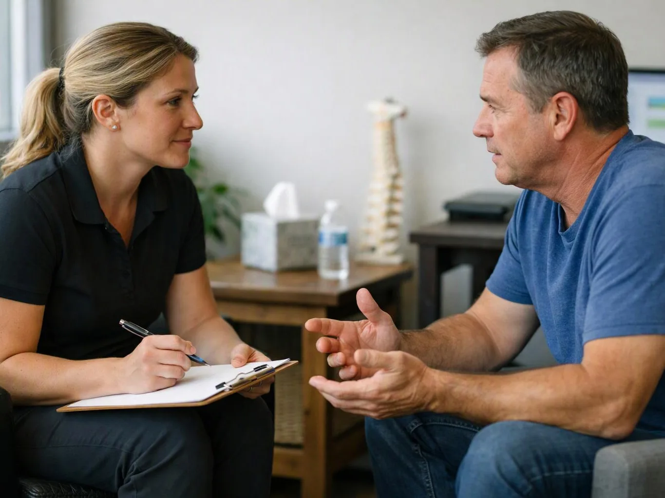 A woman takes notes while talking with a seated man in a counseling office