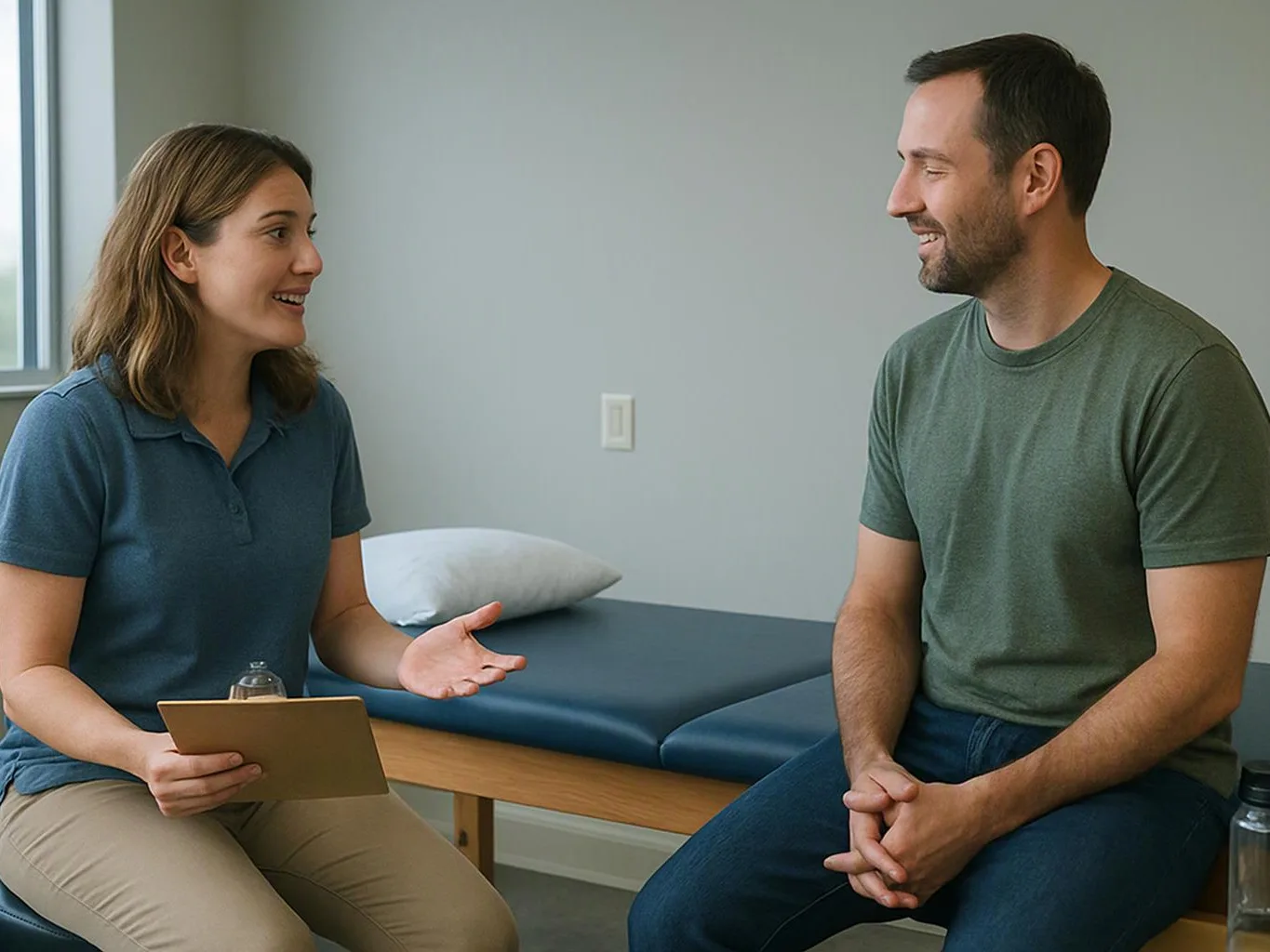 A woman talks with a smiling man in a quiet exam room, sitting beside a treatment table