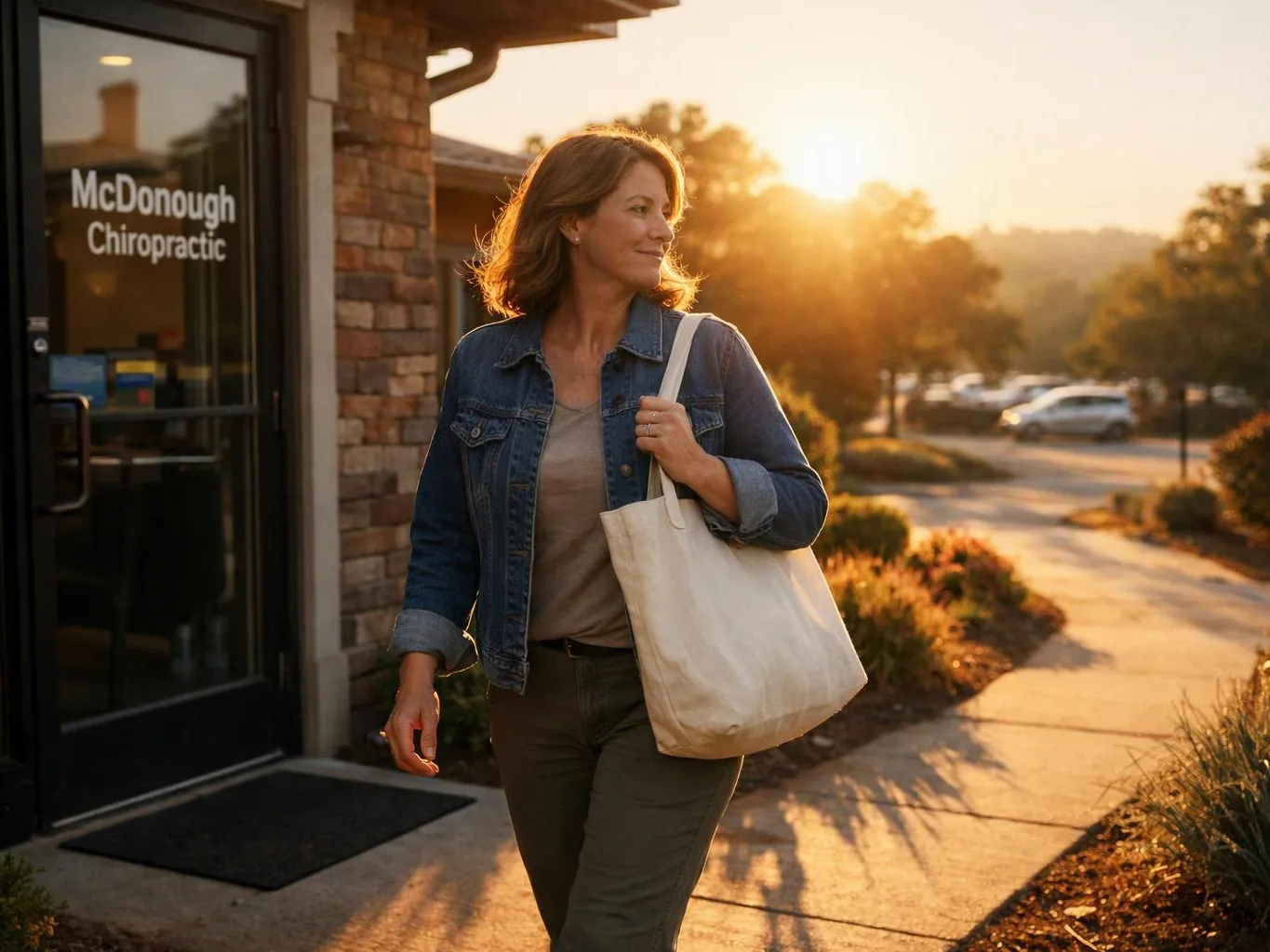 A woman walks past a clinic entrance at sunset, carrying a canvas tote and looking to the side
